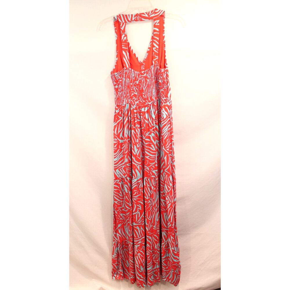 Womens Rayon Maxi Dress size M Red Blue Lined Geometric Smocked Back Boho Chic - Picture 7 of 11